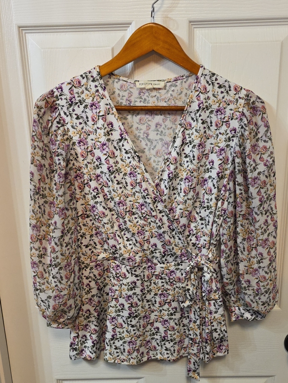PerSeption Concept White Floral Wrap Top with Purple & Yellow Accents